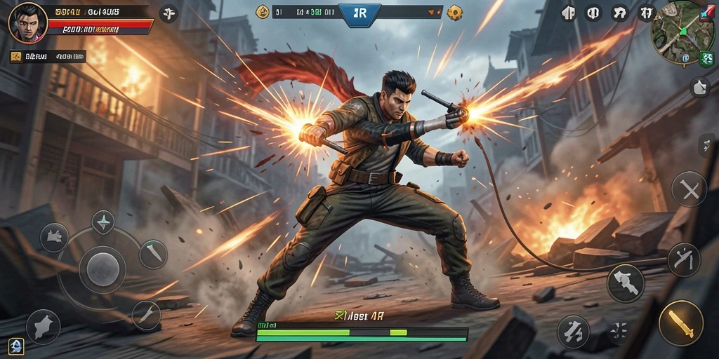 Screenshot gameplay 34R menampilkan pertempuran seru dan karakter kuat.
