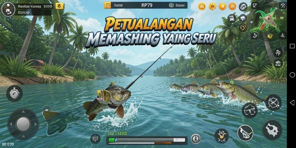 Screenshot permainan RP79 menampilkan aksi memancing yang mendebarkan.