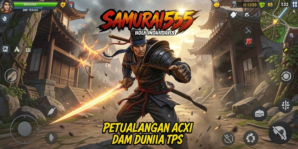 Screenshot utama SAMURAI555 menampilkan aksi intens dalam gameplay TPS.