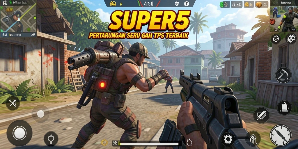 Screenshot utama SUPER5 menampilkan aksi tempur yang intens di arena TPS.